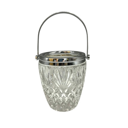 Crystal glass ice bucket with silver rim on a white background