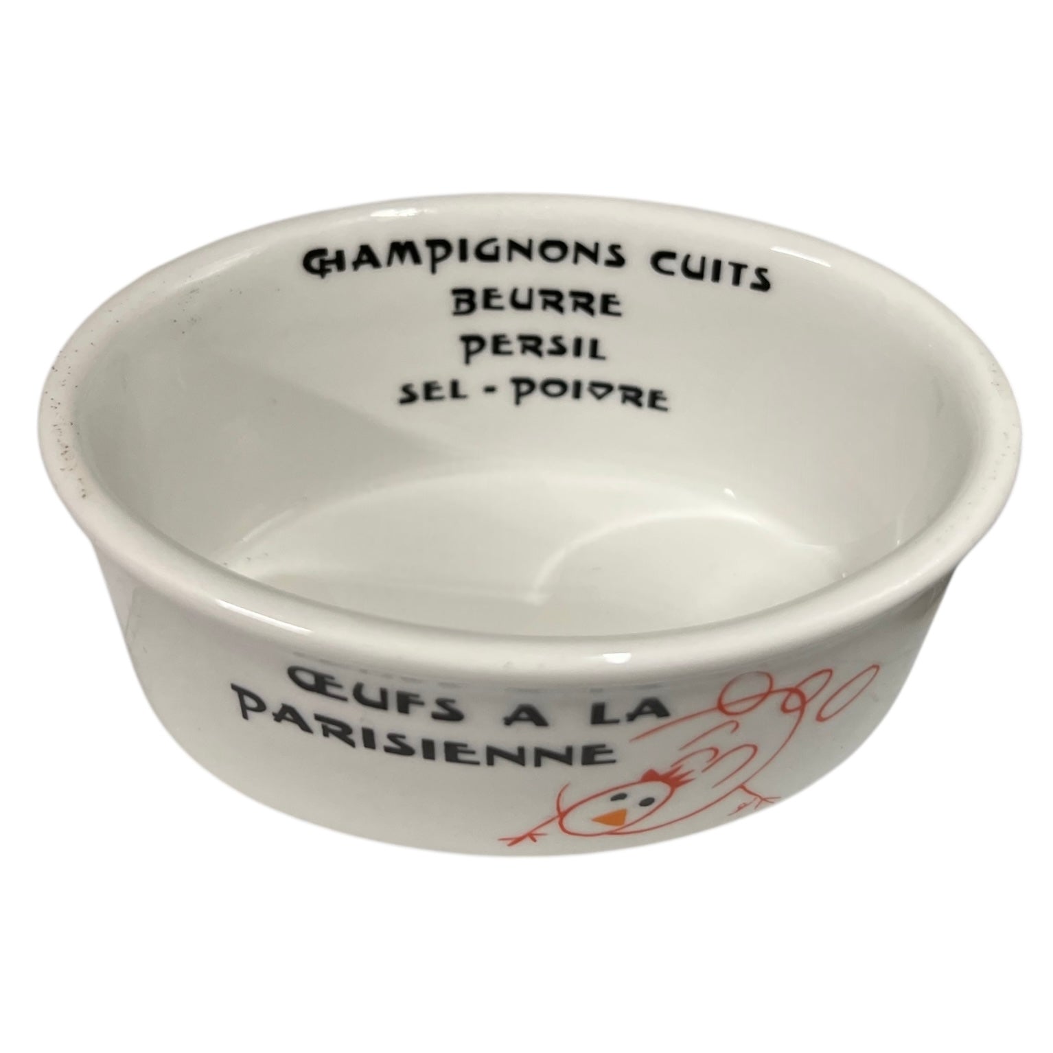 White ceramic ramekin with black text and red design on a white background