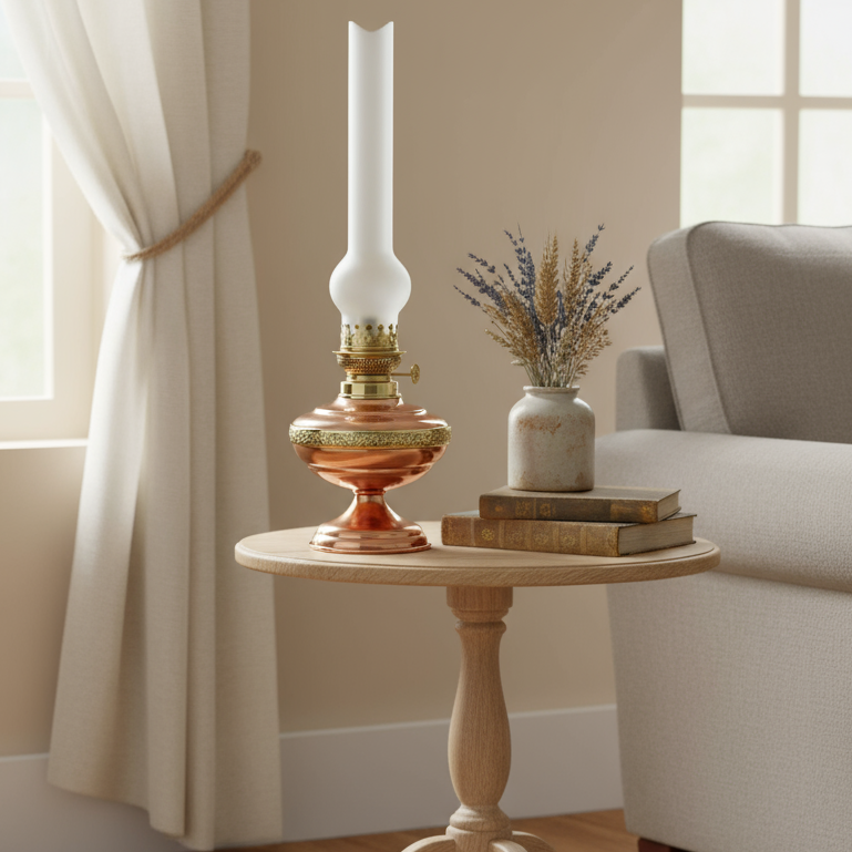 Small round wooden table with decorative items in a living room setting