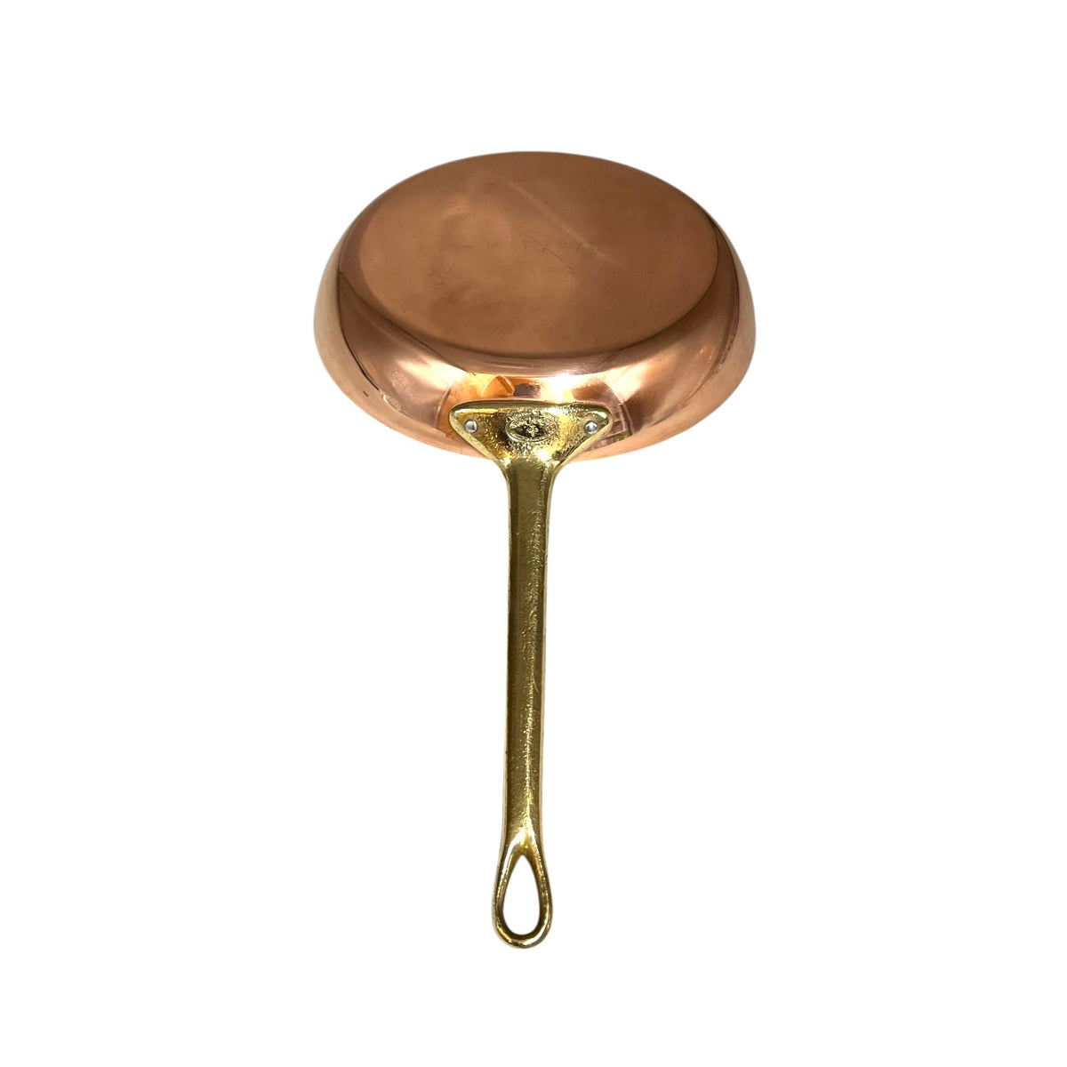 A small copper frying pan with a long, slender brass handle, shown from a top-down view on a solid white background.