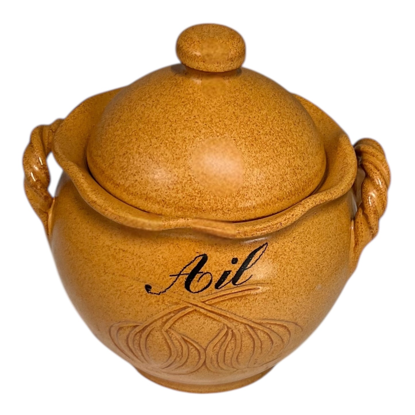 Brown ceramic jar with lid and handles on a white background