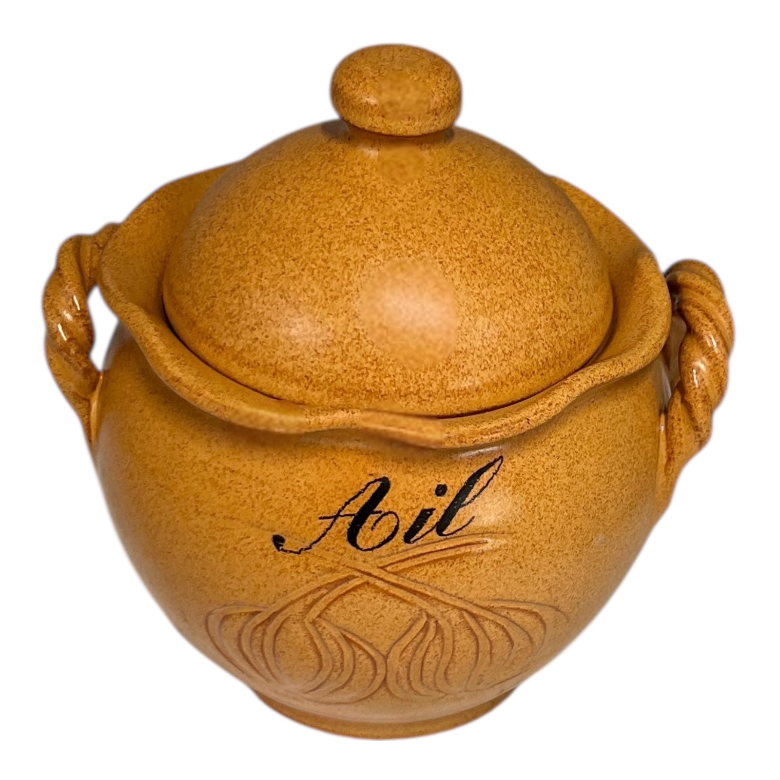Brown ceramic jar with lid and handles on a white background