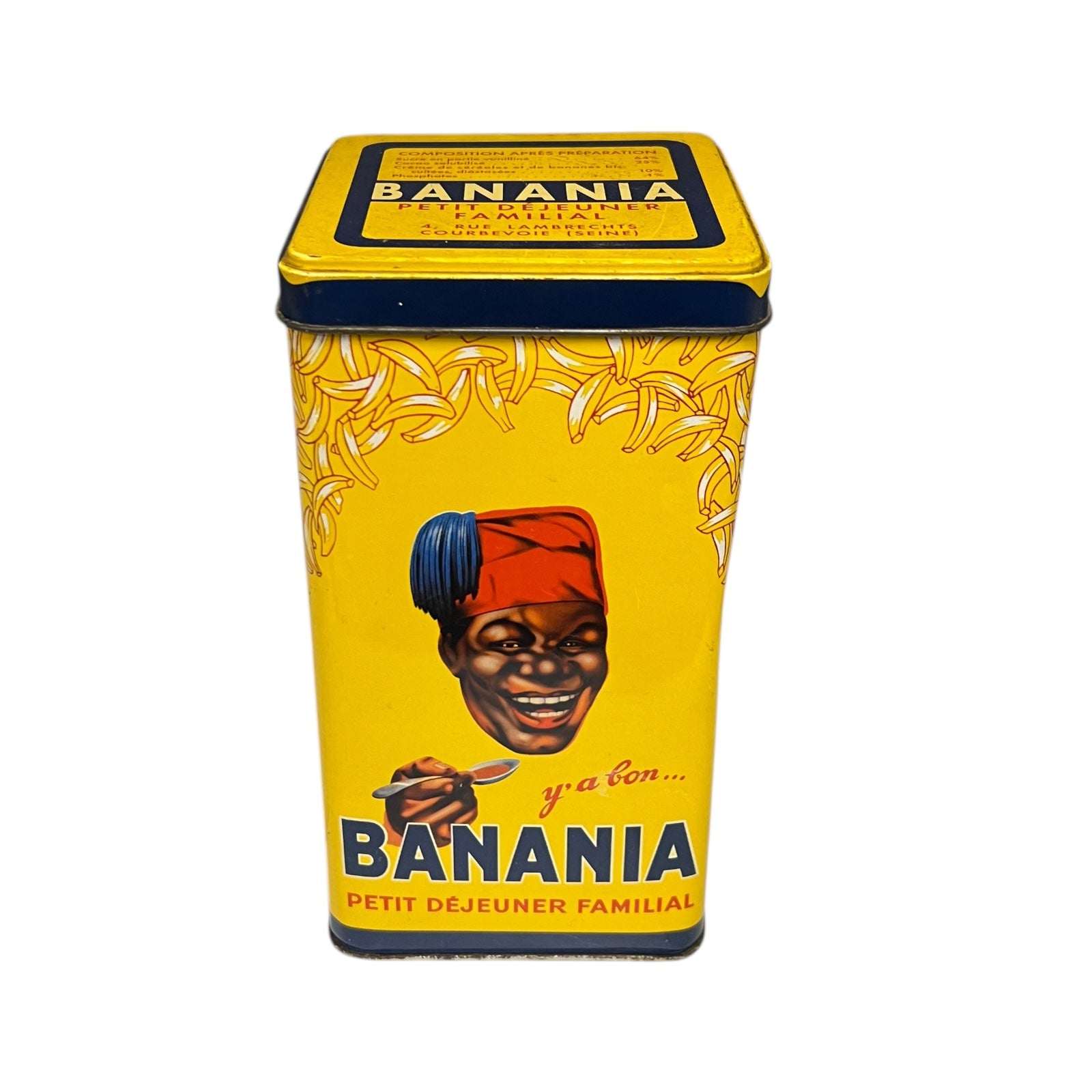 Vintage-style 'Banania' breakfast cereal tin with a colorful label featuring a person holding a spoon.