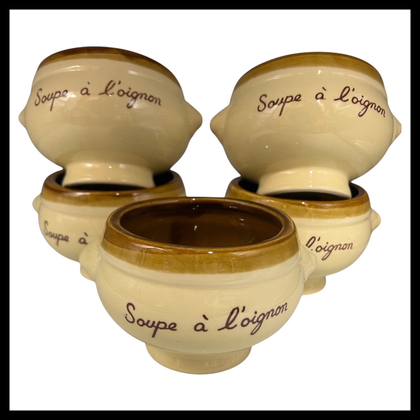 French Lions Head Soup Bowls, Set of 5 Traditional Onion Soup Bowls in a beige and brown colour stacked on each other