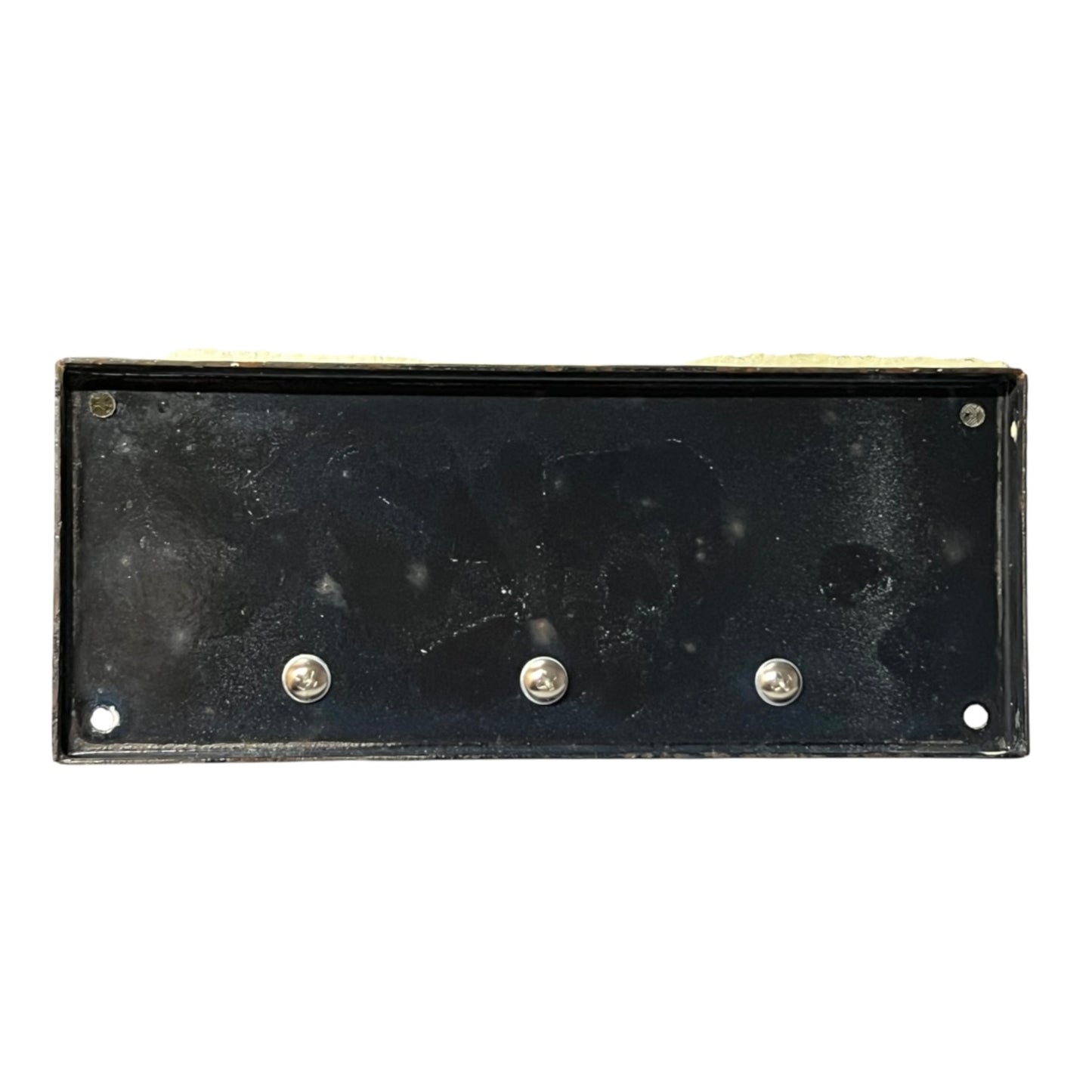 A rectangular black metal mounting plate with three pre-drilled screw holes and rounded corners, shown against a plain white background.
