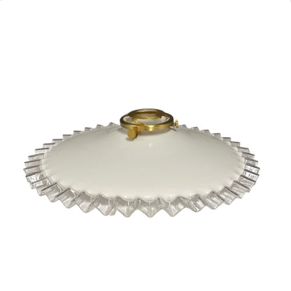 Vintage French Opaline Milk Glass Pendant Pie Crust Lampshade with Brass Collar