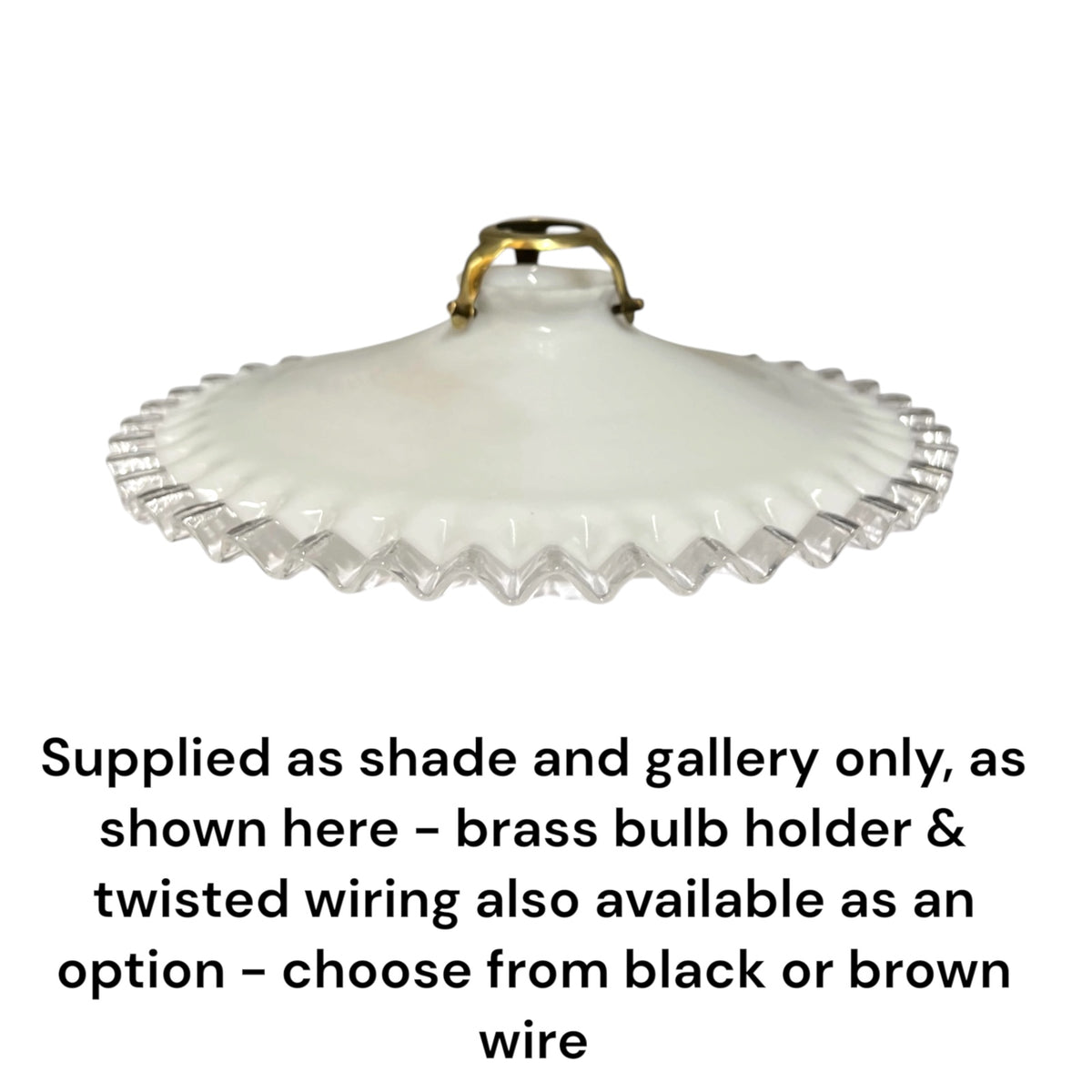 A white glass shade with a scalloped edge and a brass-colored bulb holder at the top, shown on a white background with text below stating that brass bulb holder and twisted wiring are available as options, and black or brown wire can be chosen.