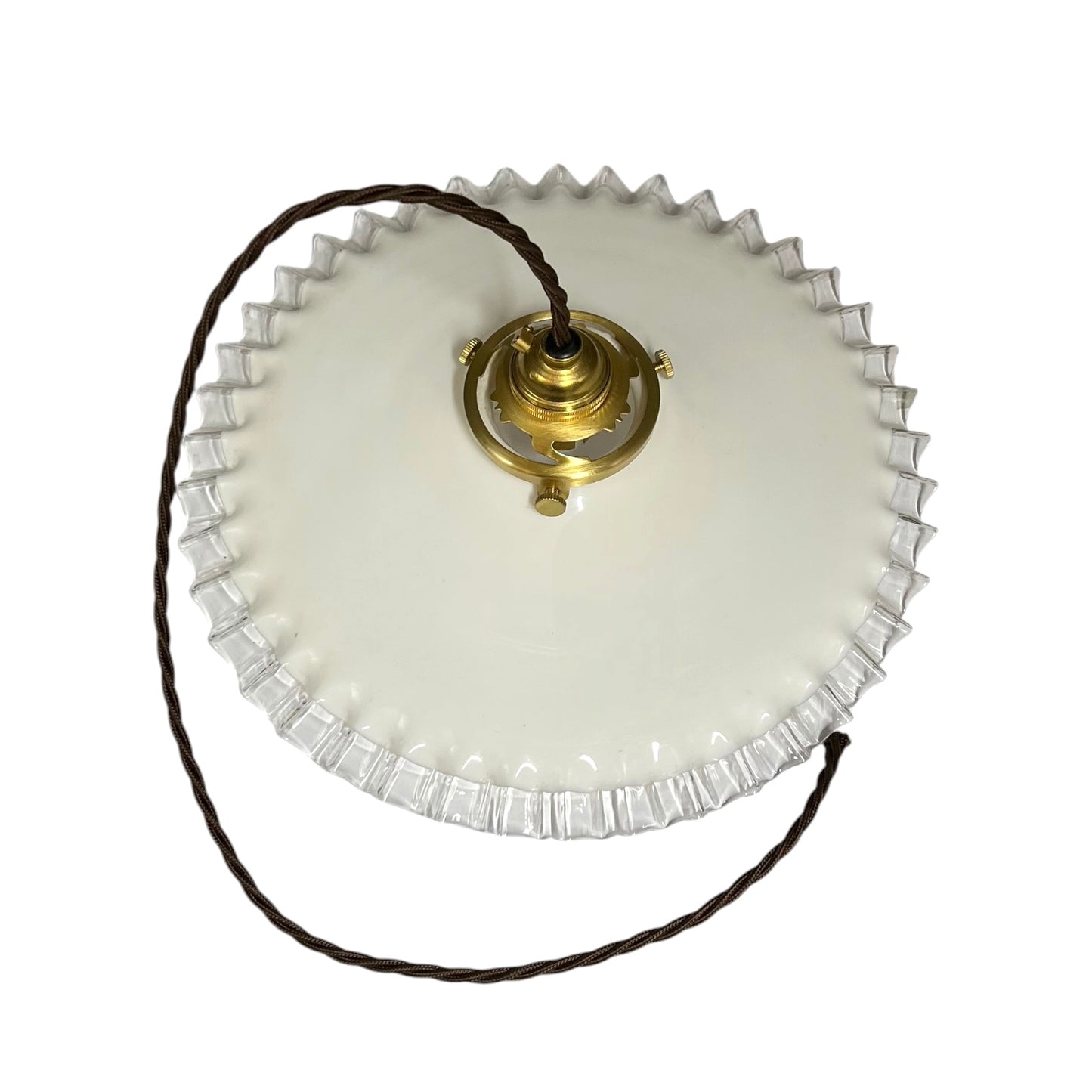 Vintage French Opaline Milk Glass Pendant Pie Crust Lampshade with Brass Collar