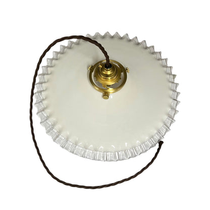 Vintage French Opaline Milk Glass Pendant Pie Crust Lampshade with Brass Collar