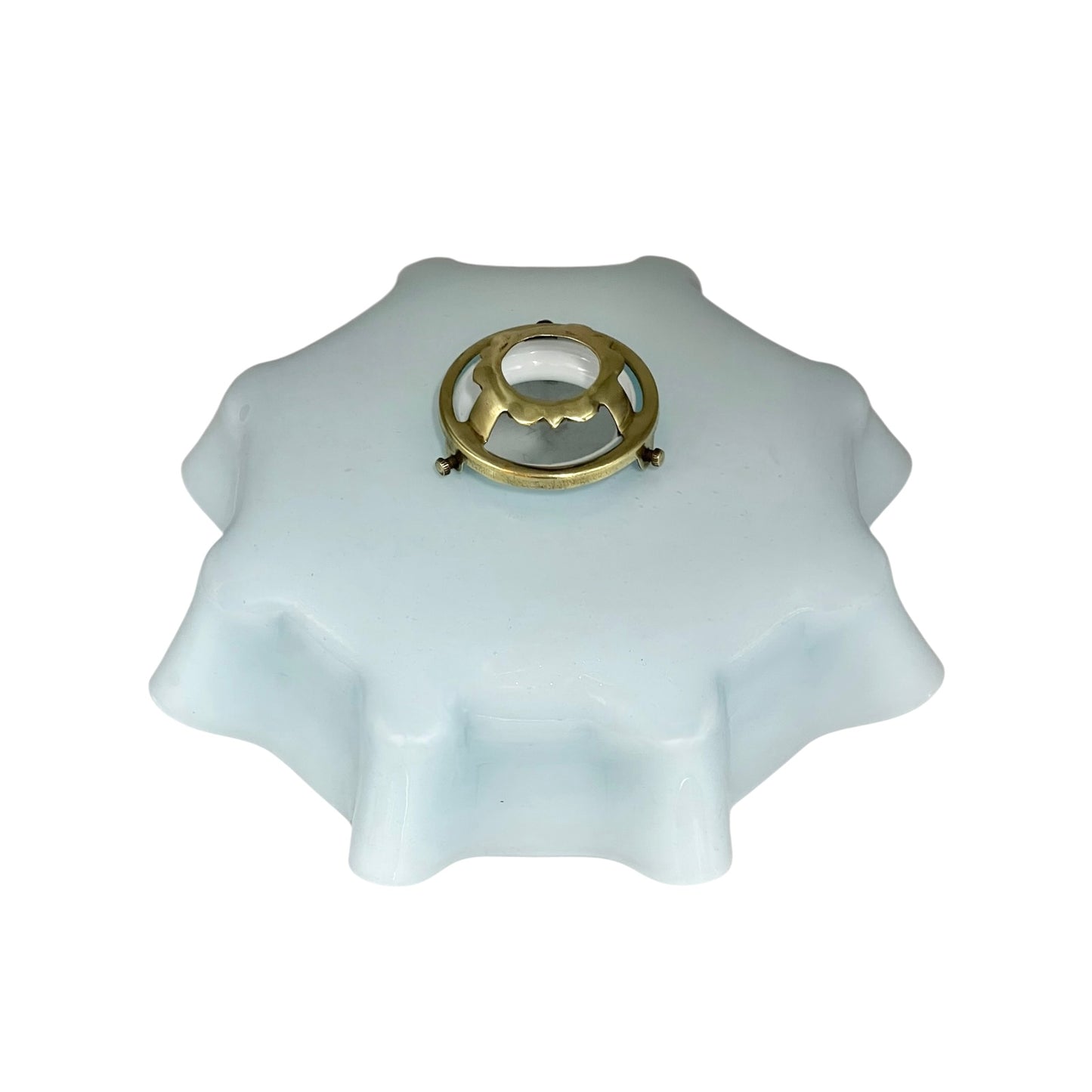 Vintage blue glass lamp shade with brass fitting on a white background