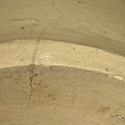 Close up of a beige cylindrical WW1 jar on a white background