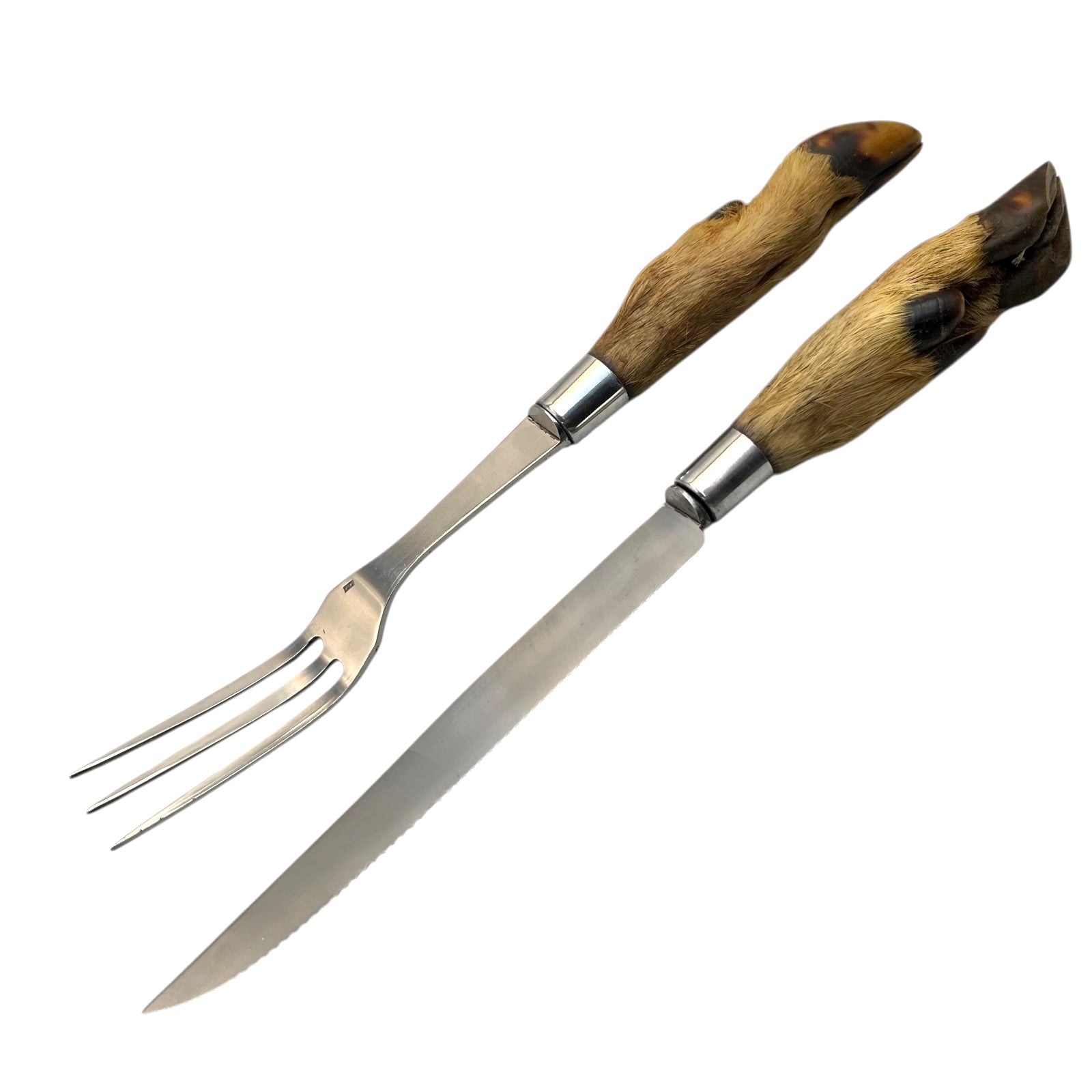 Set of carving knife and fork with deer hoof taxidermy  handles on a white background