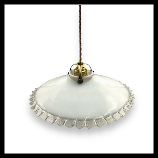 Vintage French Glass Ceiling Pendant Light, Milk Glass Hanging Lampshade for sale from Al Things French Store