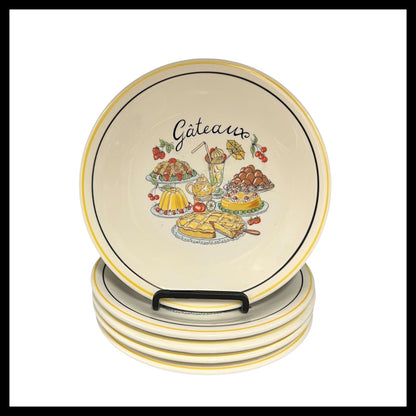 Set of 5 French gateaux cake plates, stacked with a cake pattern on the front 