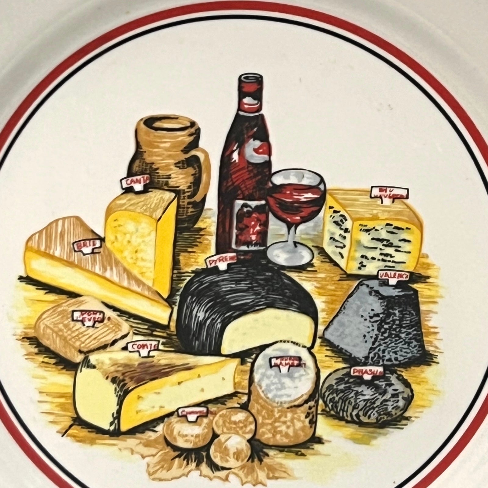 Illustration of various types of cheese and a bottle of wine on a decorative plate.