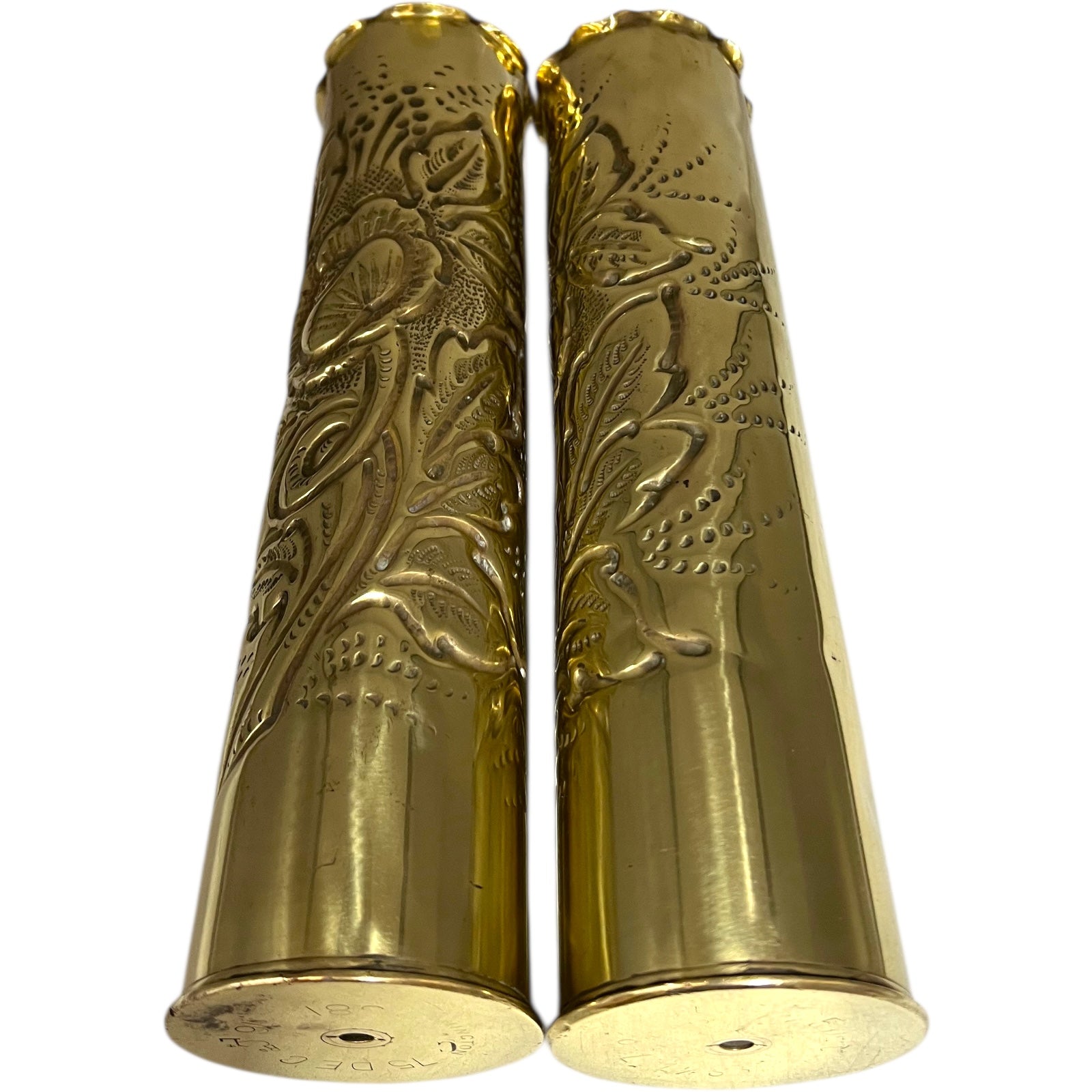 Pair of WW1 Trench Art Vases, French Brass Antique Militaria Relic Collectibles for sale 