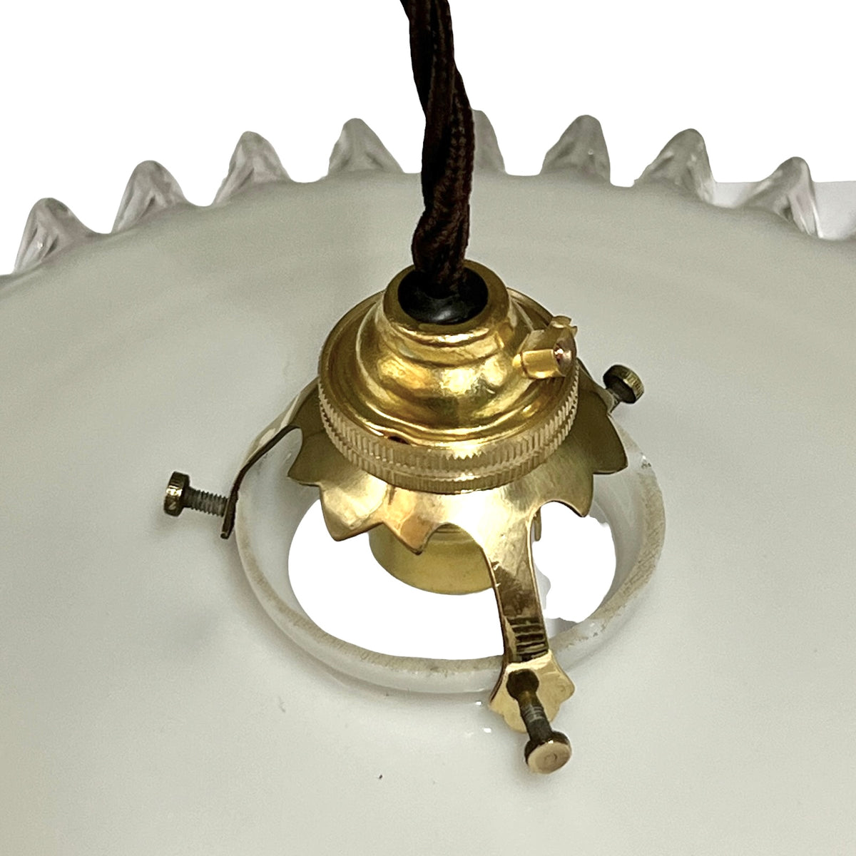 Vintage French Opaline Milk Glass Pendant Pie Crust Lampshade with Brass Collar