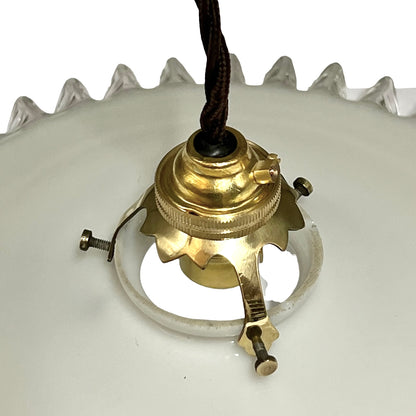 Vintage French Opaline Milk Glass Pendant Pie Crust Lampshade with Brass Collar