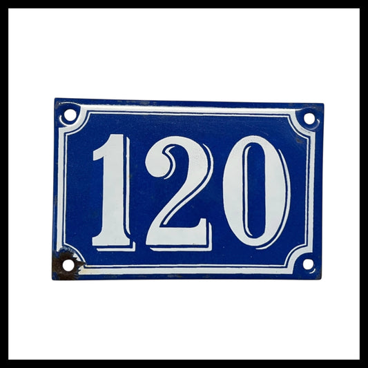 French Vintage Antique Enamel Door Number 120, White and Blue House Number 120 for sale from All Things French Store