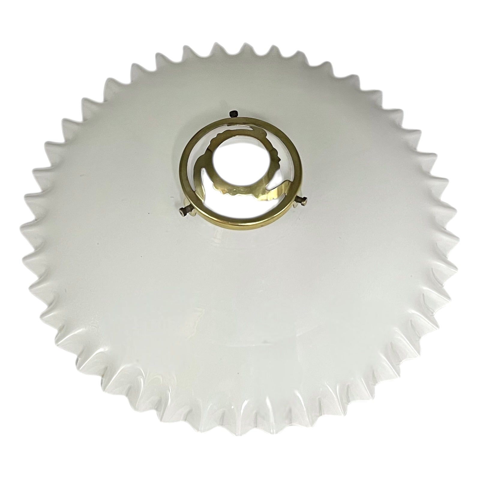 White glass shade with gold metal fixture on a white background
