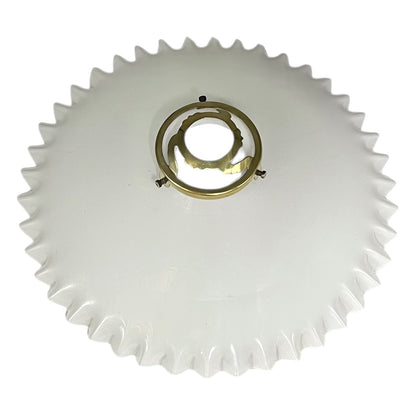 White glass shade with gold metal fixture on a white background