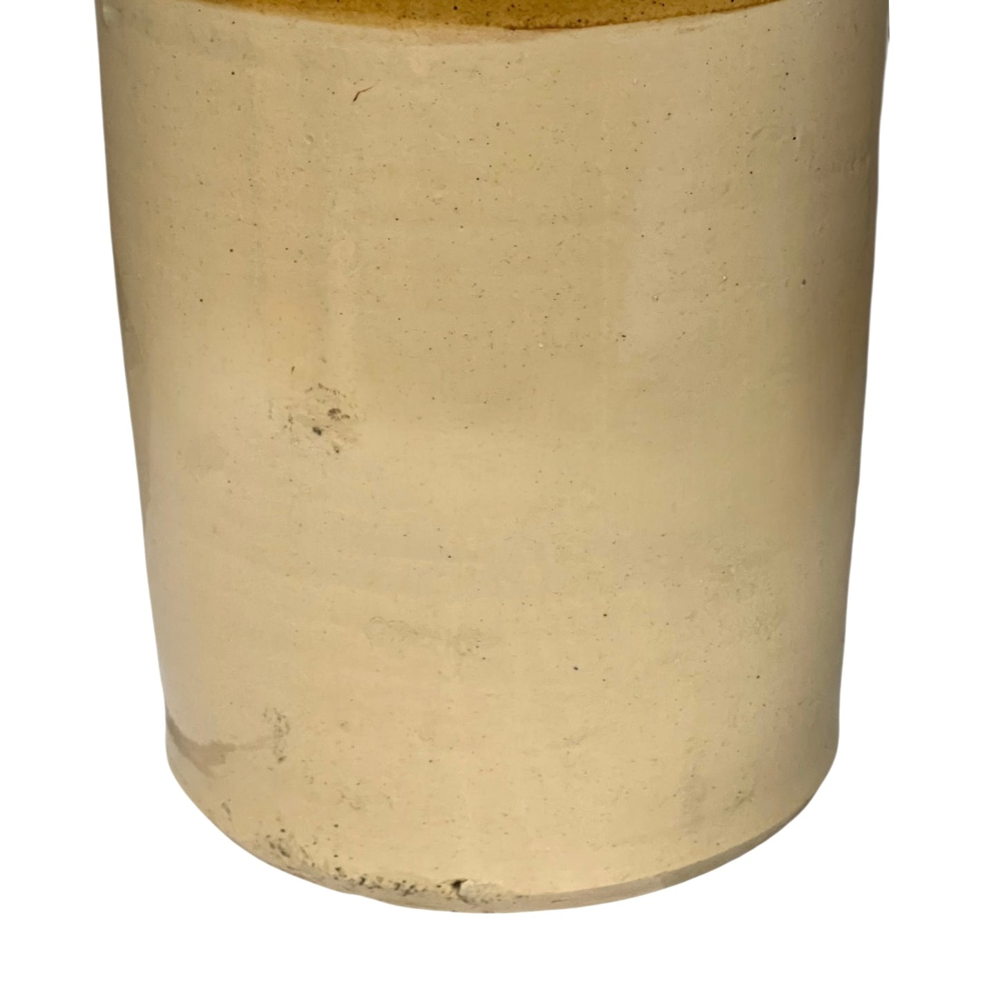 Close up of a beige cylindrical WW1 jar on a white background