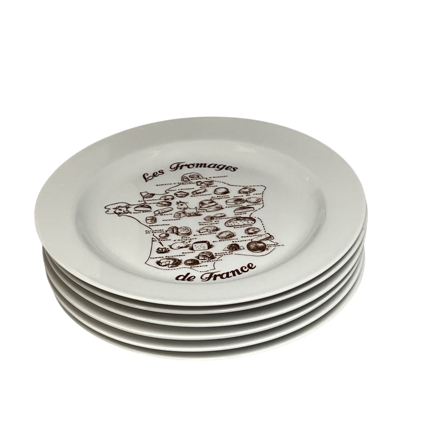 Set of six ceramic plates with cheese illustrations and text on a white background