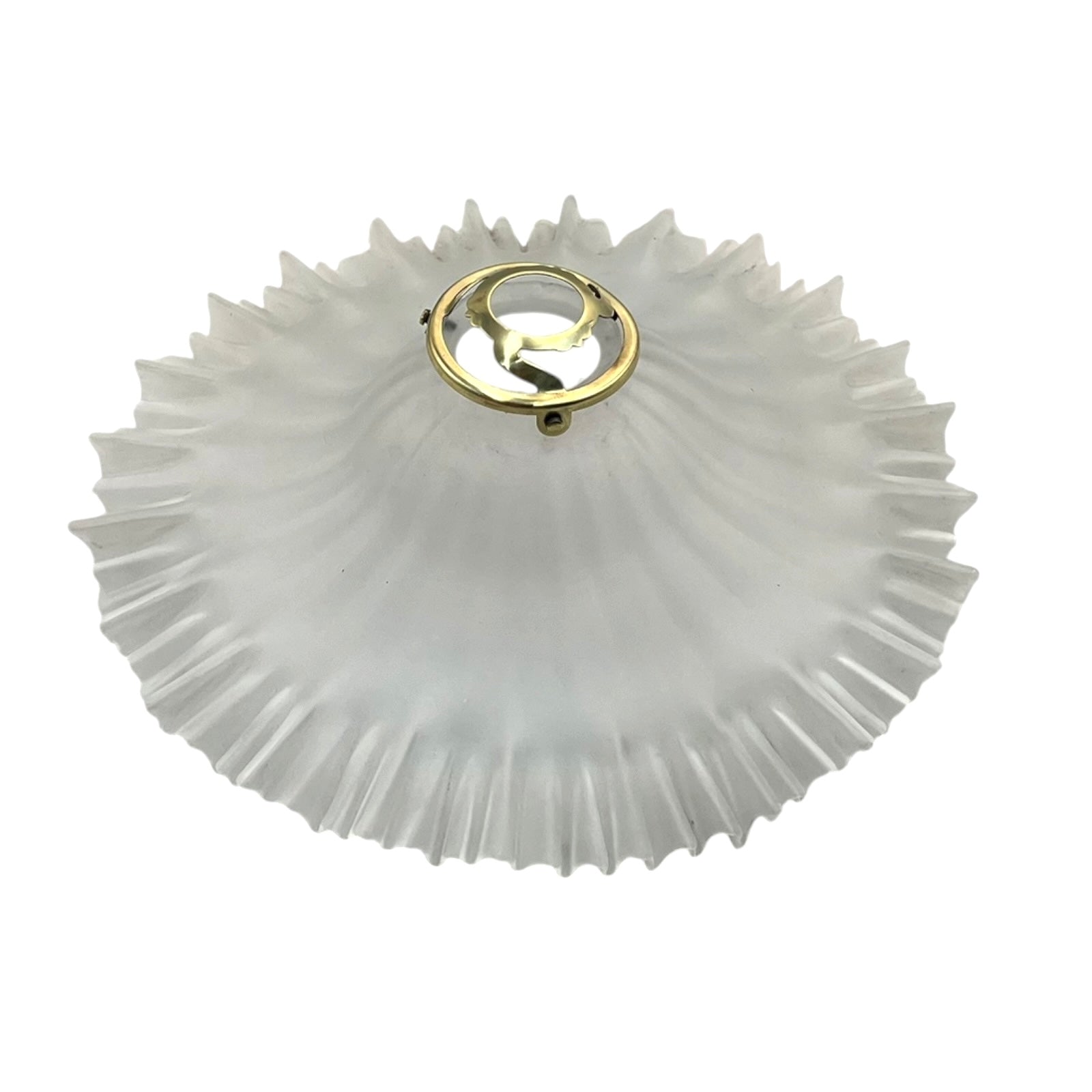 Decorative French vintage frosted glass lamp shade with a ribbed design and gold fixture on a white background