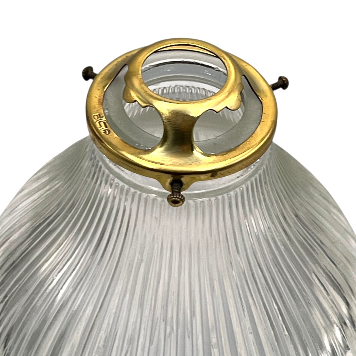 Clear glass pendant light with brass fitting on a white background