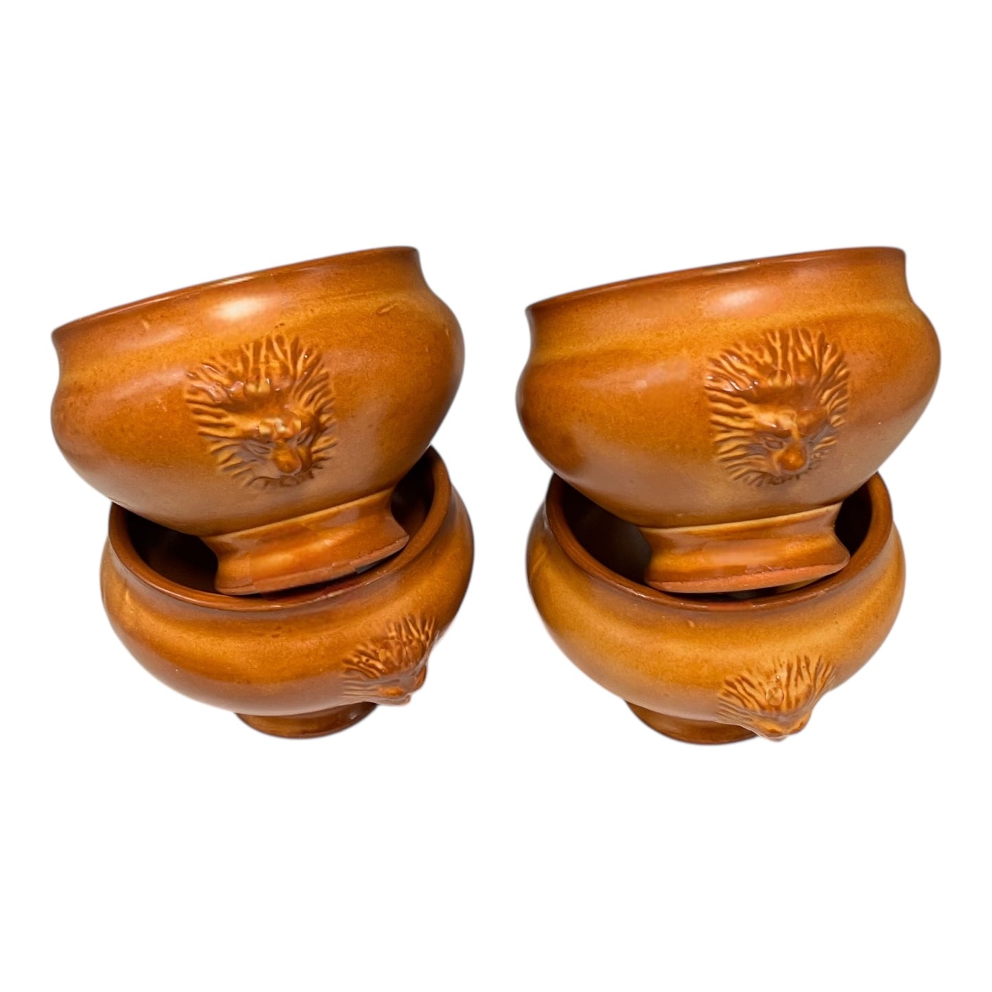 set of 4 French traditional lions head handle soup bowls on a white background