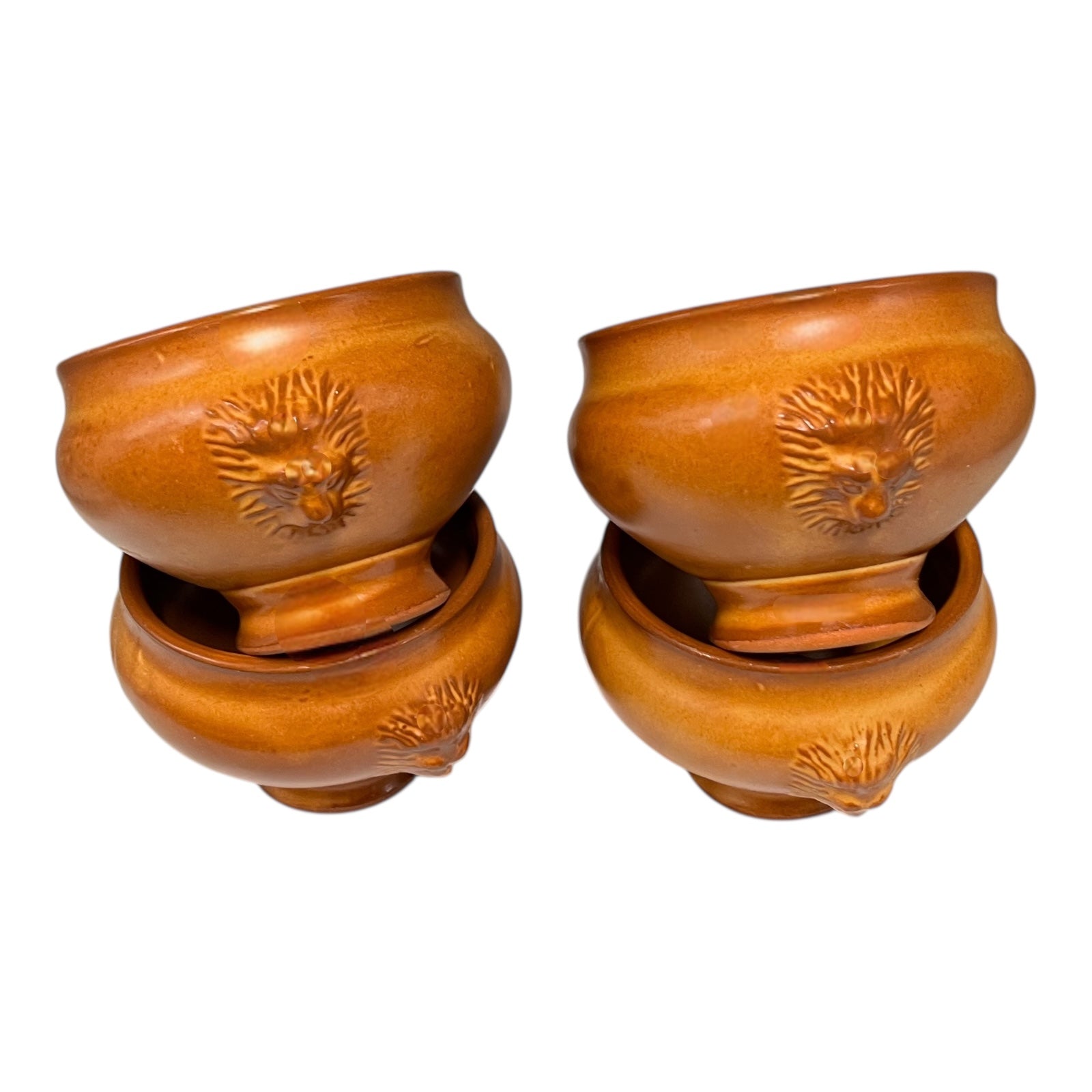 set of 4 French traditional lions head handle soup bowls on a white background