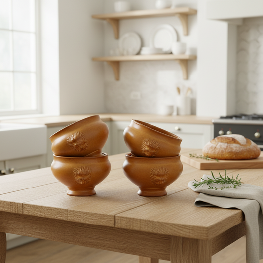 Four terracotta pots on a wooden table in a kitchen setting