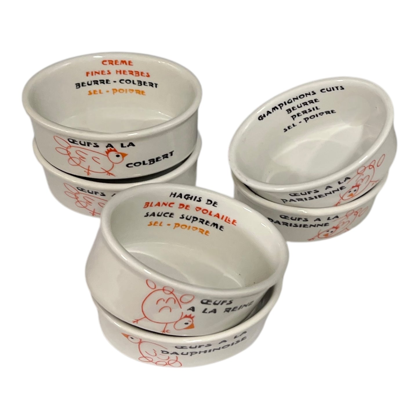 Set of white ceramic bowls with French text and illustrations on a white background