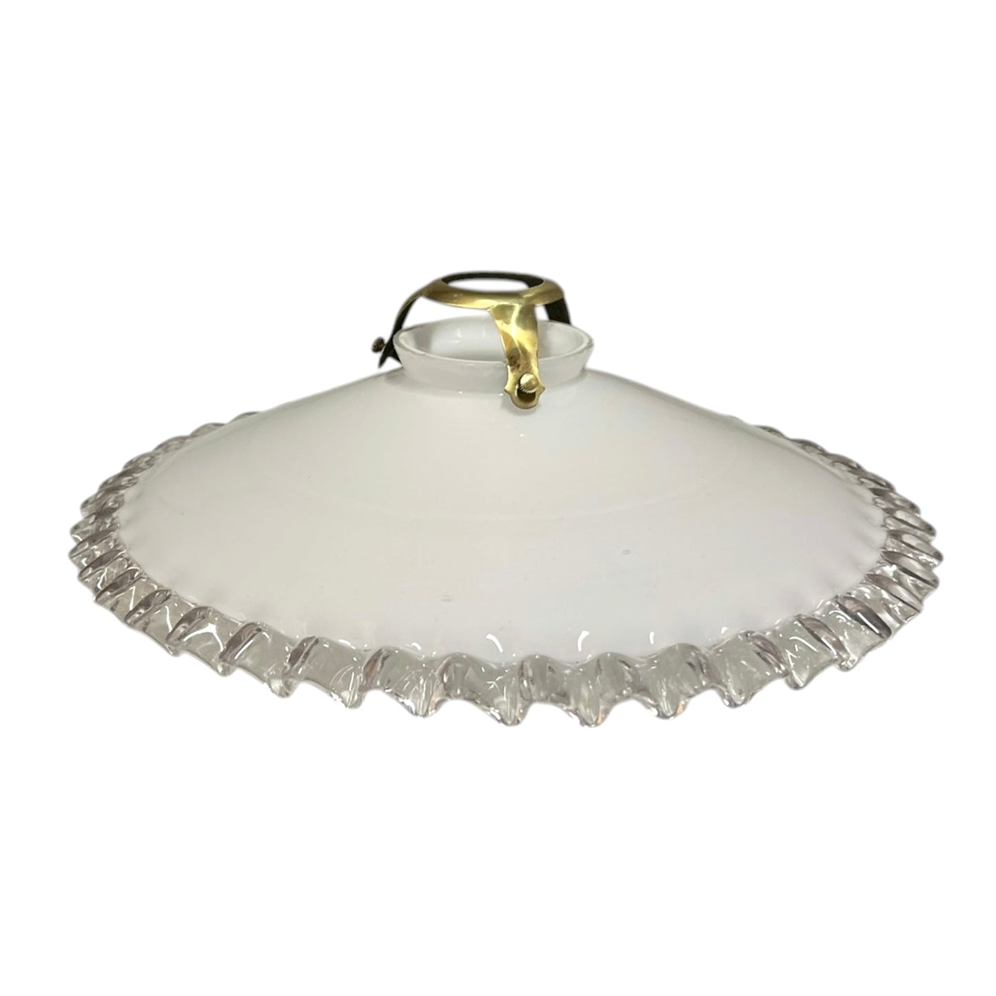 Vintage-style lampshade with ruffled edge and gold fixture on a white background