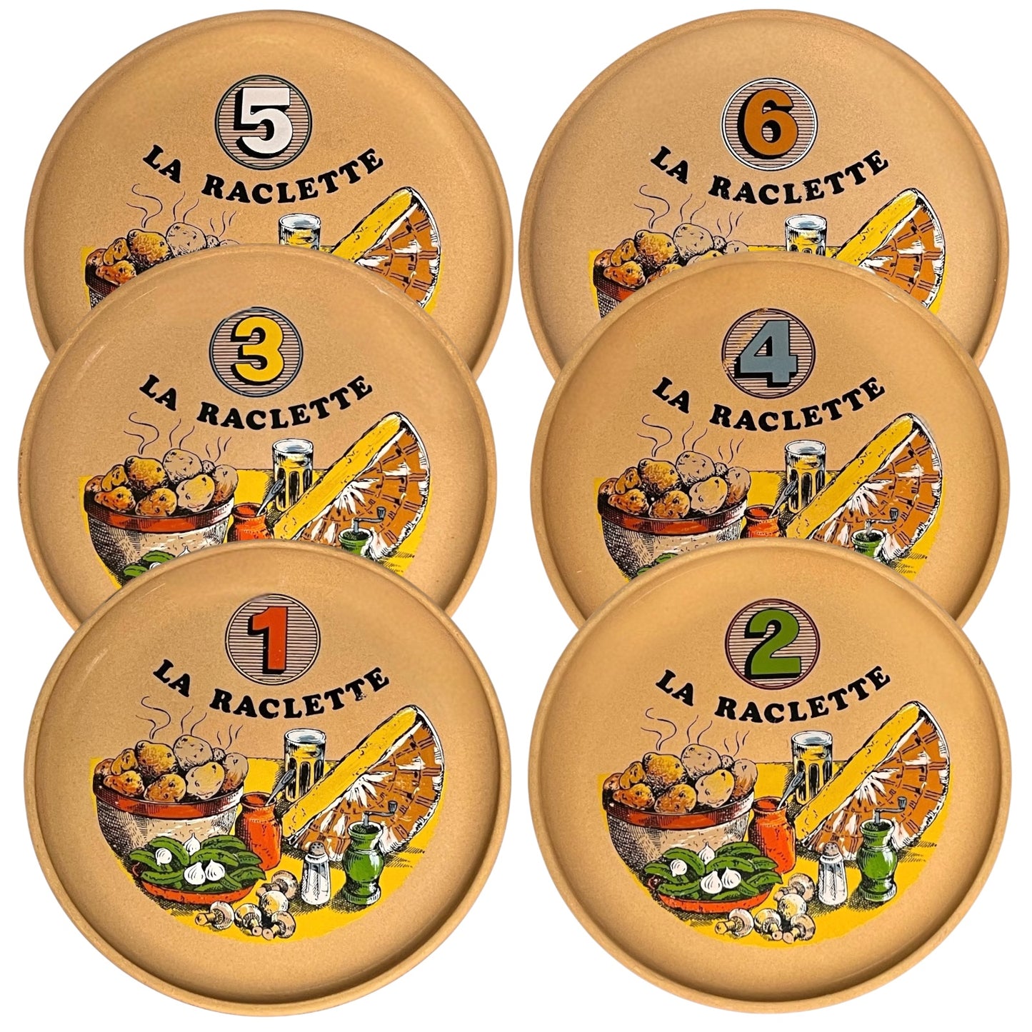 Set of plates with 'La Raclette' branding and illustrations on a white background
