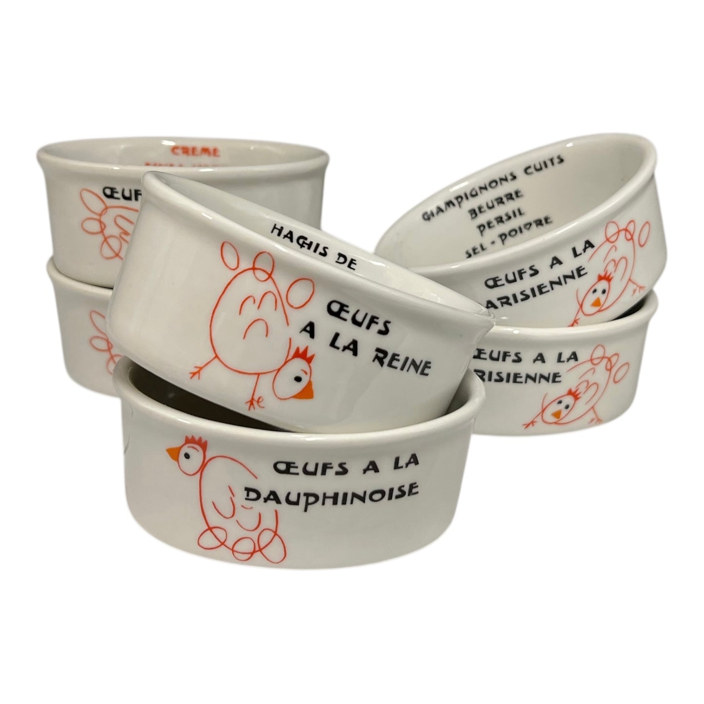 Set of white ceramic bowls with French cooking dish names and chicken illustrations on a white background