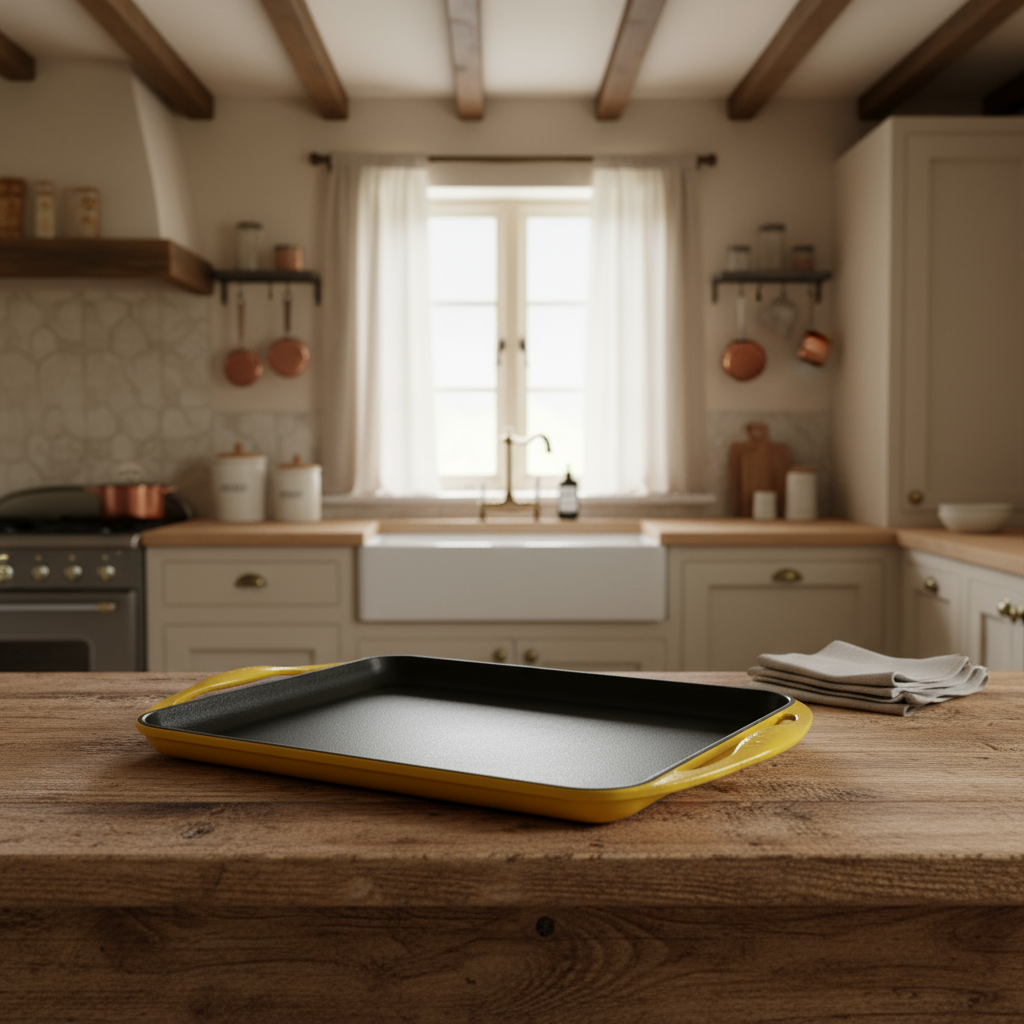 Yellow rectangular Le Creuset griddle pan on a wooden kitchen counter with a rustic interior for sale from All Things French Store.