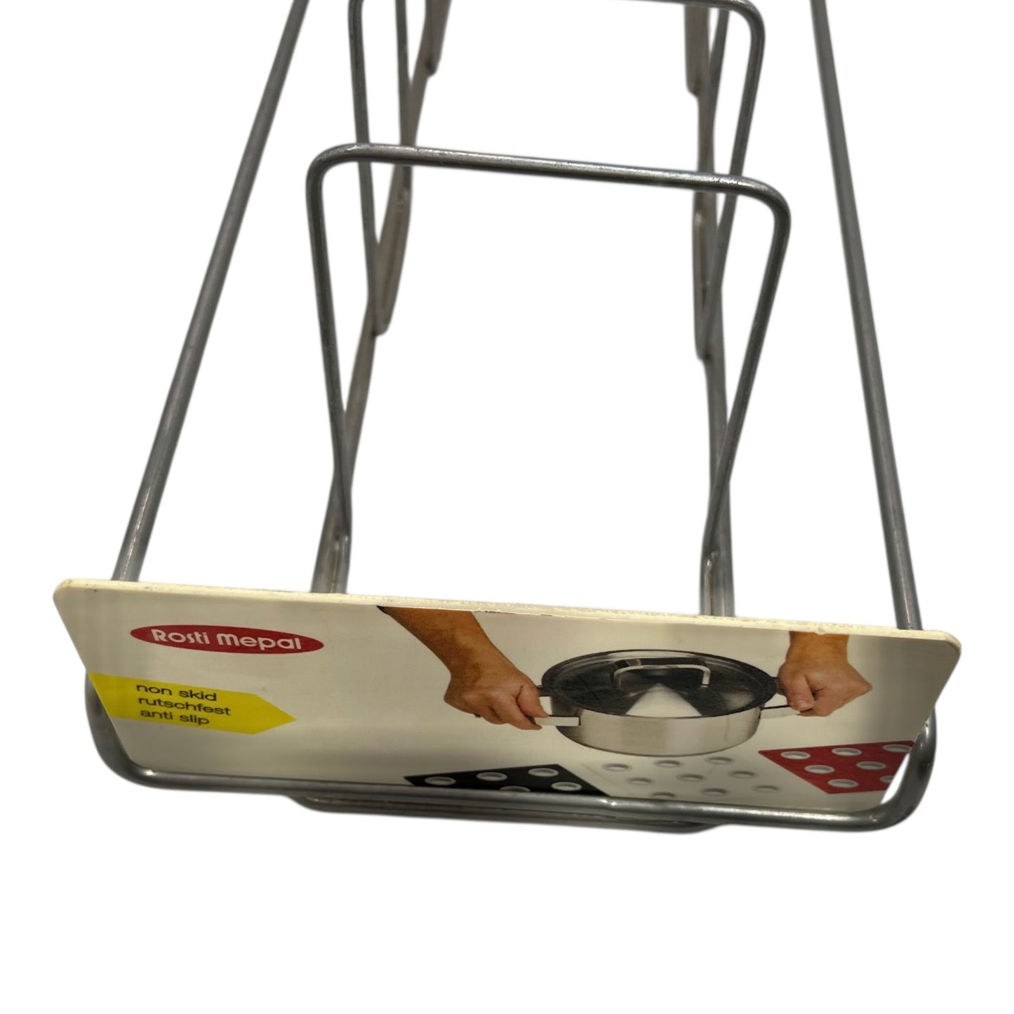 Metal stand with a platform featuring a product advertisement on a white background