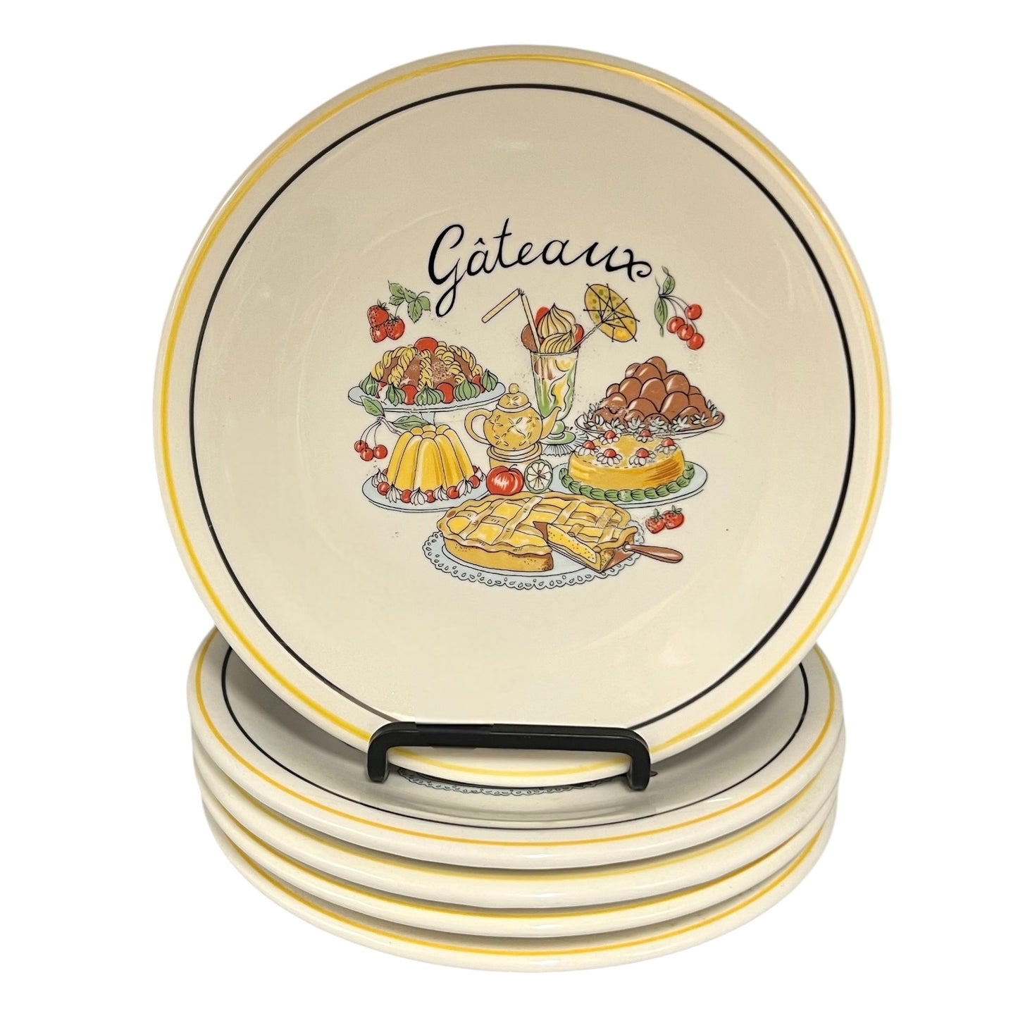 Set of 5 French gateaux cake plates, stacked with a cake pattern on the front 