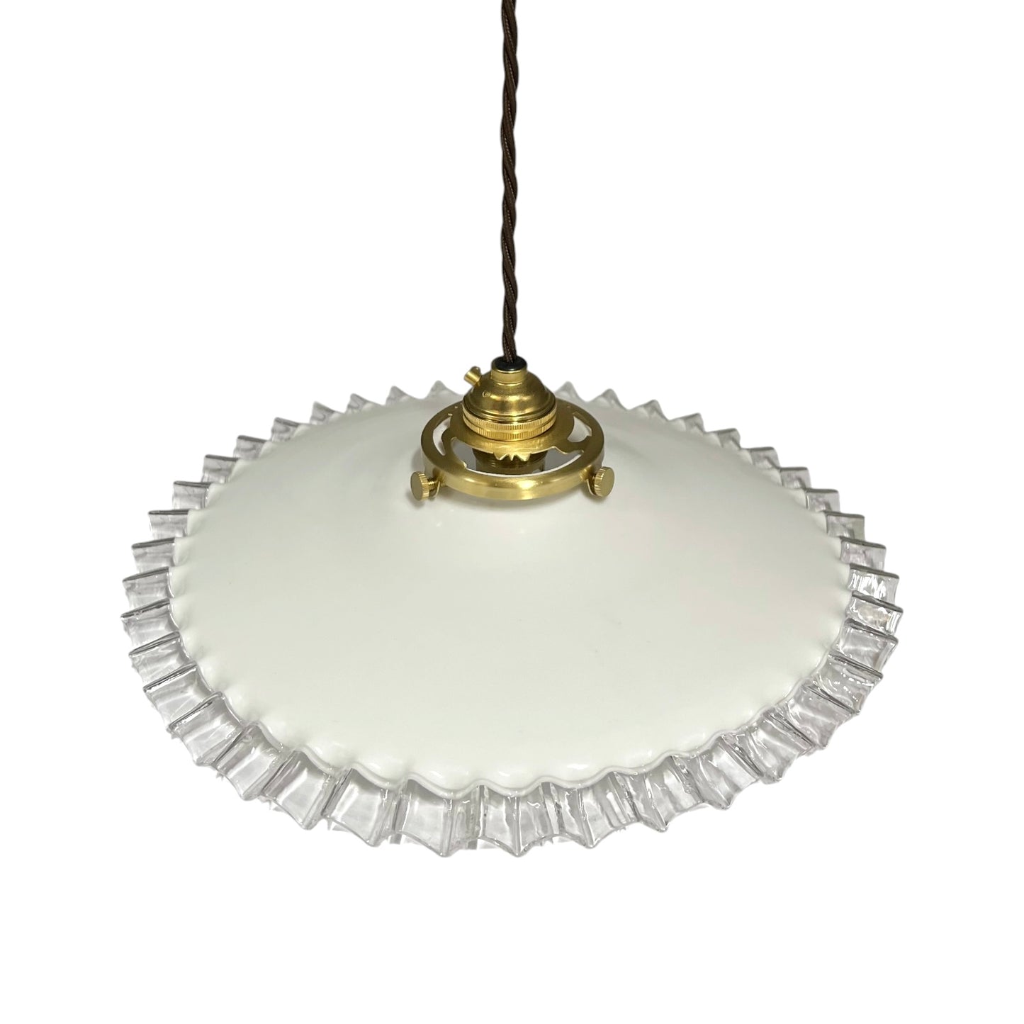 Vintage French Opaline Milk Glass Pendant Pie Crust Lampshade with Brass Collar