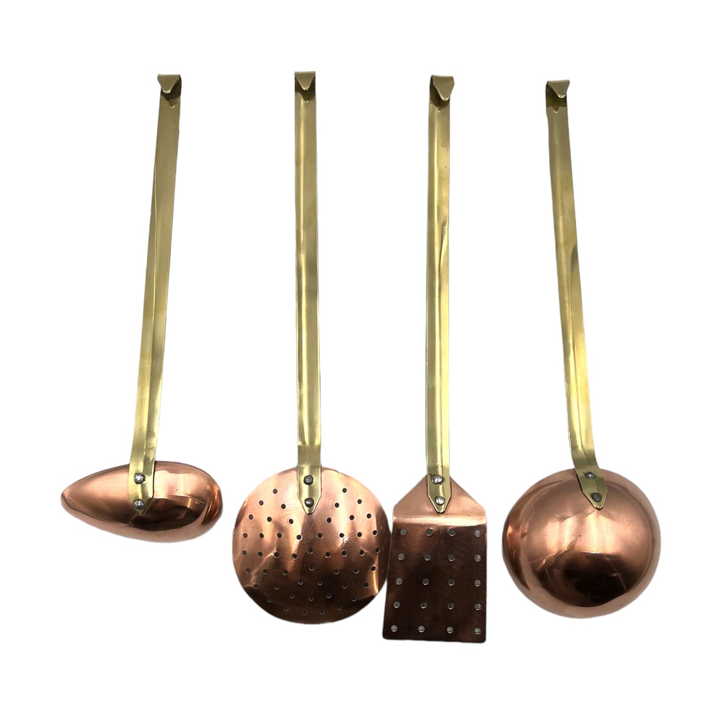 set of 4 French copper kitchen utensils with brass handles