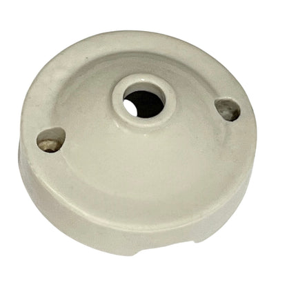 A round, off-white ceramic or porcelain light fitting, featuring a central hole and two side holes, shown on a plain white background.