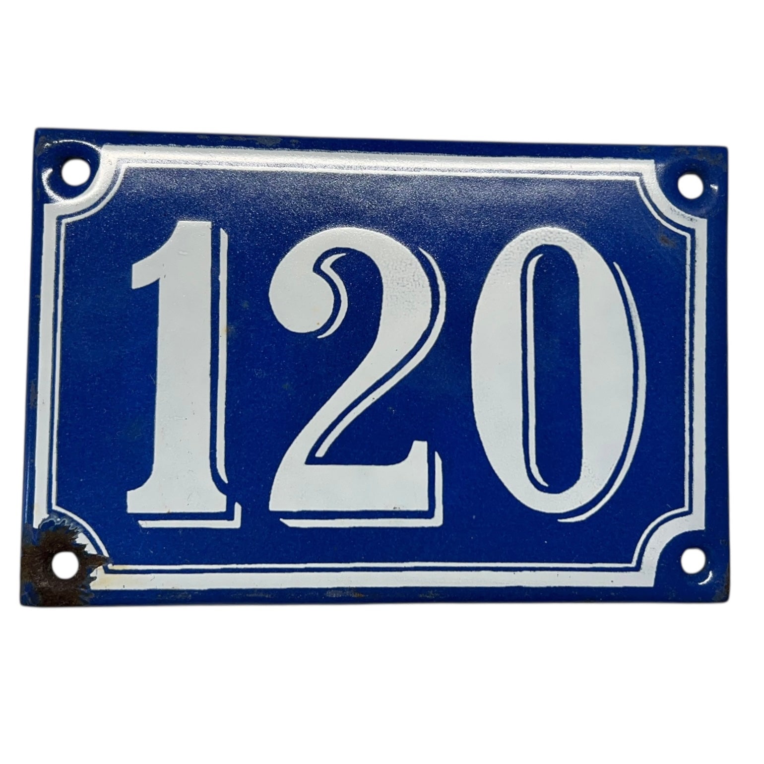 French Vintage Antique Enamel Door Number 120, White and Blue House Number 120 for sale from All Things French Store