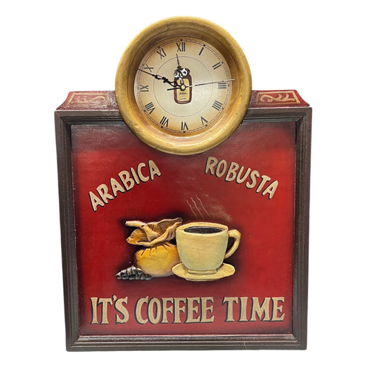 Country corner style wooden 3d picture of a coffee theme with an inset clock on a white background