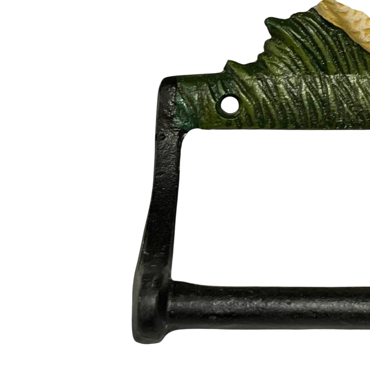 Close up of French farmhouse style goose cast iron toilet roll holder on a white background