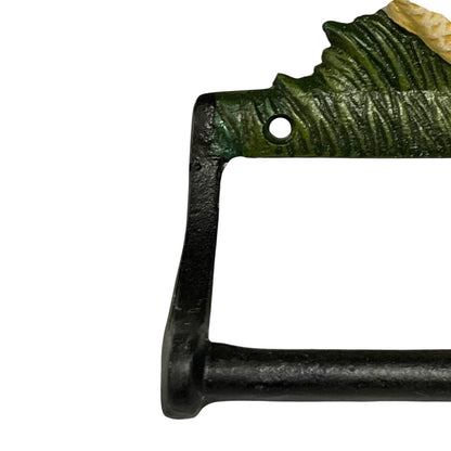 Close up of French farmhouse style goose cast iron toilet roll holder on a white background