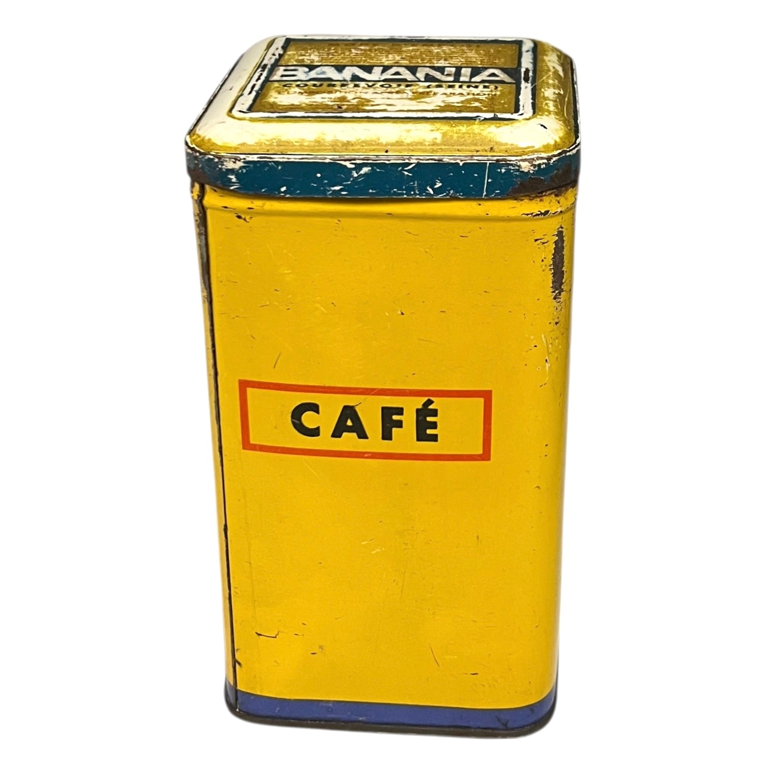 Vintage tin can with a colorful design featuring a face and 'Banania' branding on a white background.