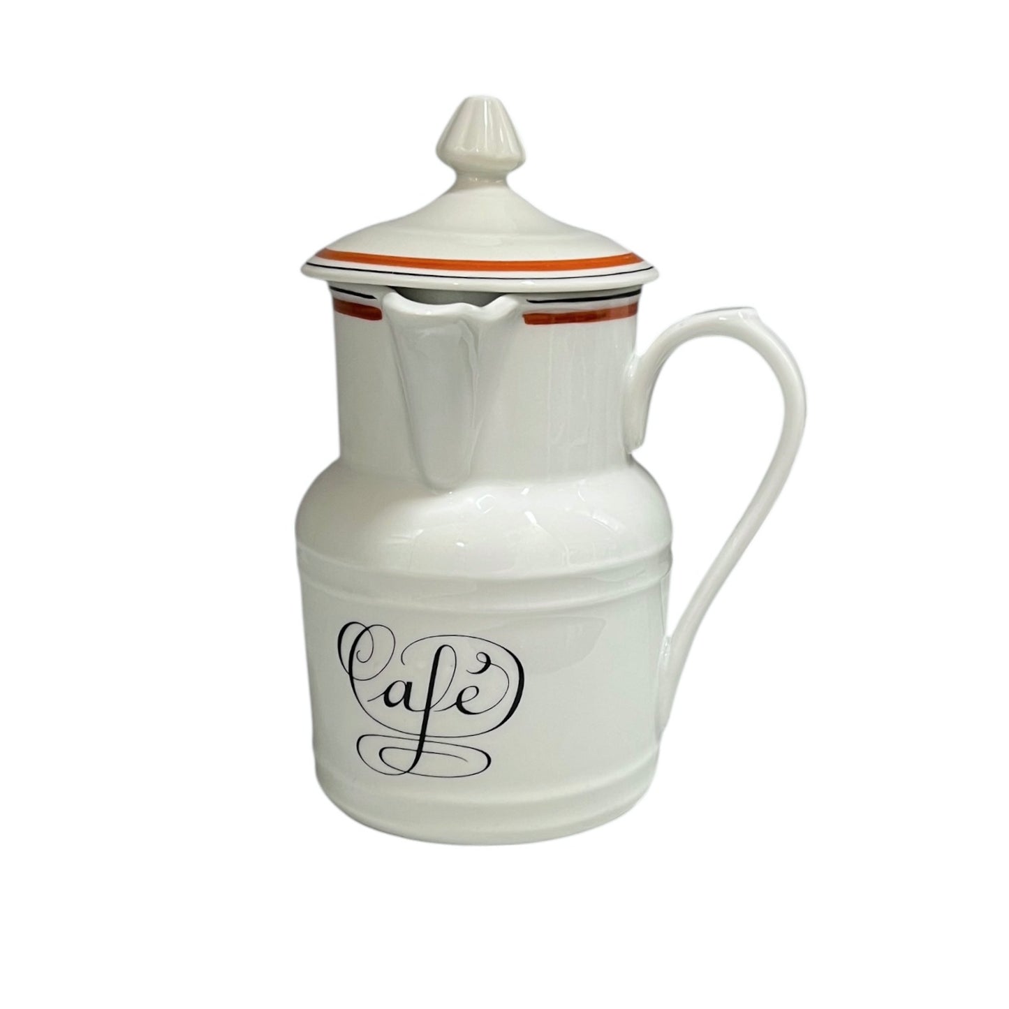 White ceramic coffee pot with a lid and 'Cafe' text on a white background