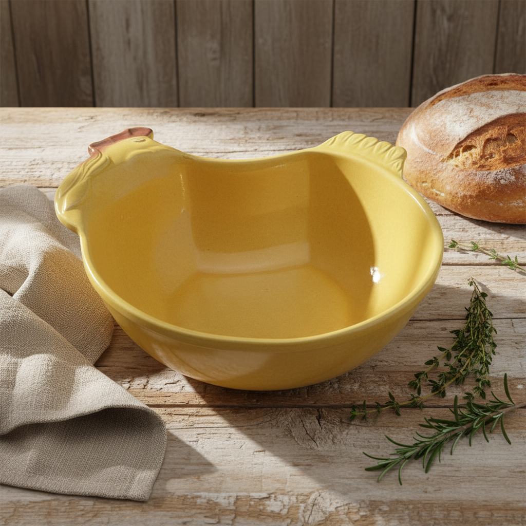 Yellow chicken shaped deep 2 litre dish on a farmhouse table 
