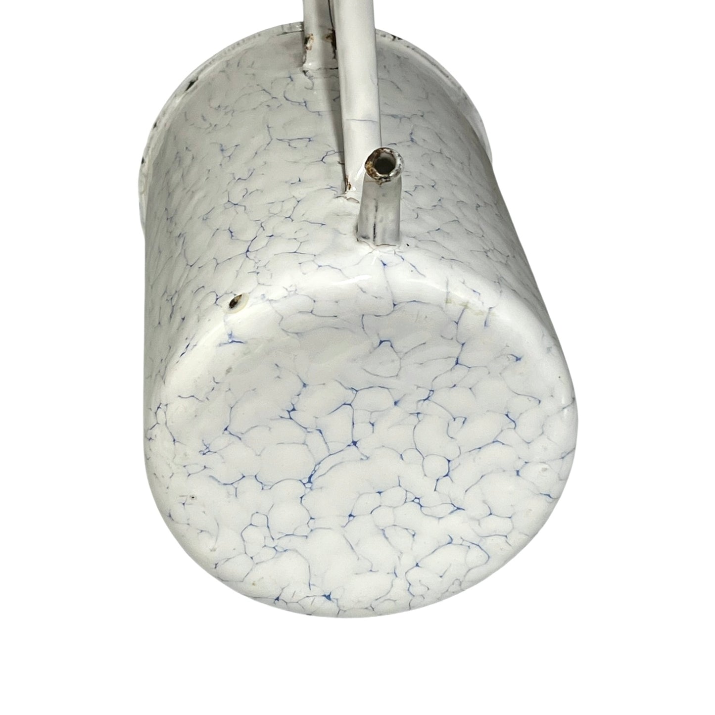 White and blue enamelled garden planter with marbled pattern on a white background